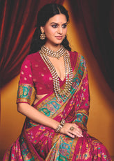 Bright Pink Tussar Silk Paisley Print Saree